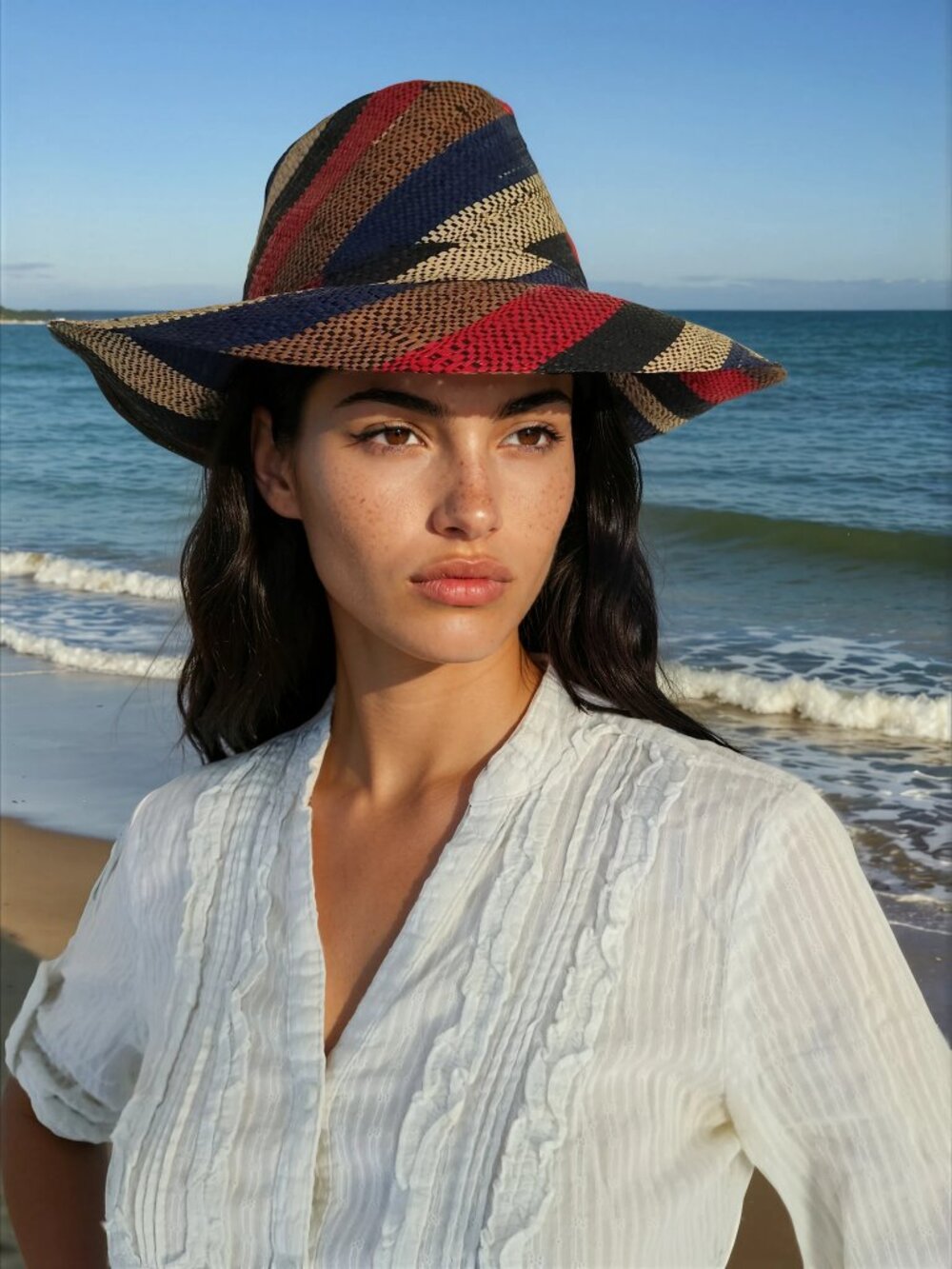 Lightweight raffia fedora hat made in Madagascar, red, blue